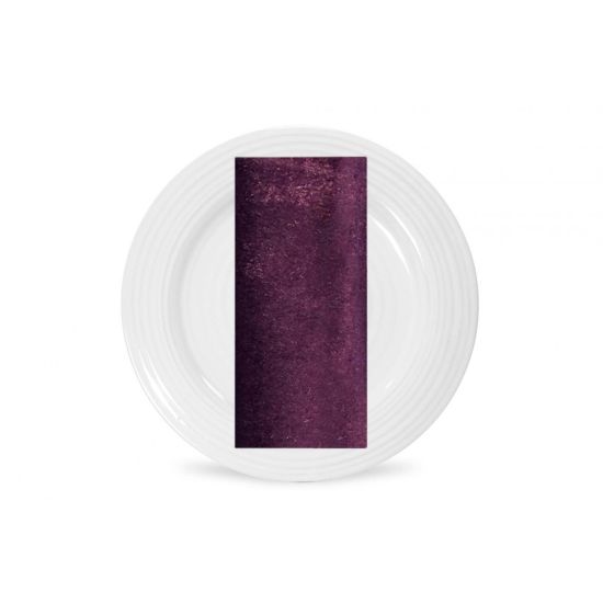 Eggplant velvet napkin with rich purple plush texture and subtle sheen, folded on a white plate for dramatic wedding table settings
