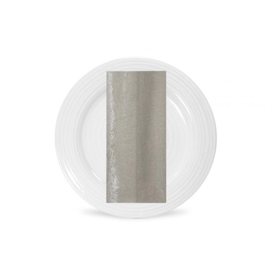 Silver velvet napkin with soft plush texture and metallic sheen, folded on a white plate for modern weddings and elegant event tables