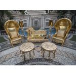 Tall gold Glam table lamp with tapered shade and stacked sculpted base, luxury accent lighting for weddings and upscale event lounges.